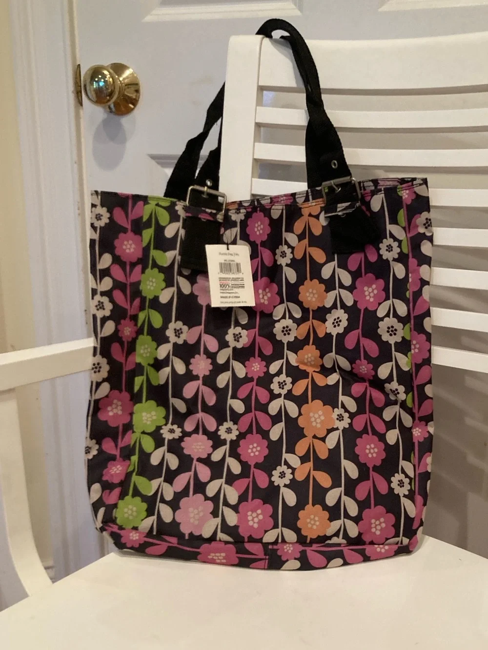 Floral Pattern Canvas Tote Bag in Black with Pink, Green & Orange Flowers